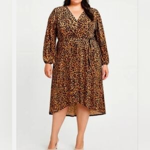 Nurture Faux Wrap High-Low Balloon Sleeve Velvet Dress: Brown Animal Size- 2X